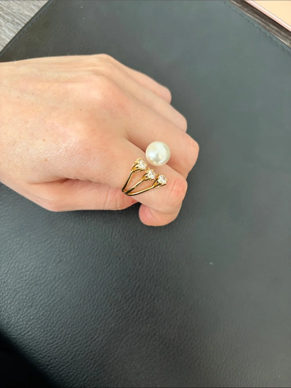 Gold Pearl and Crystal Open Band Ring - White Pearl